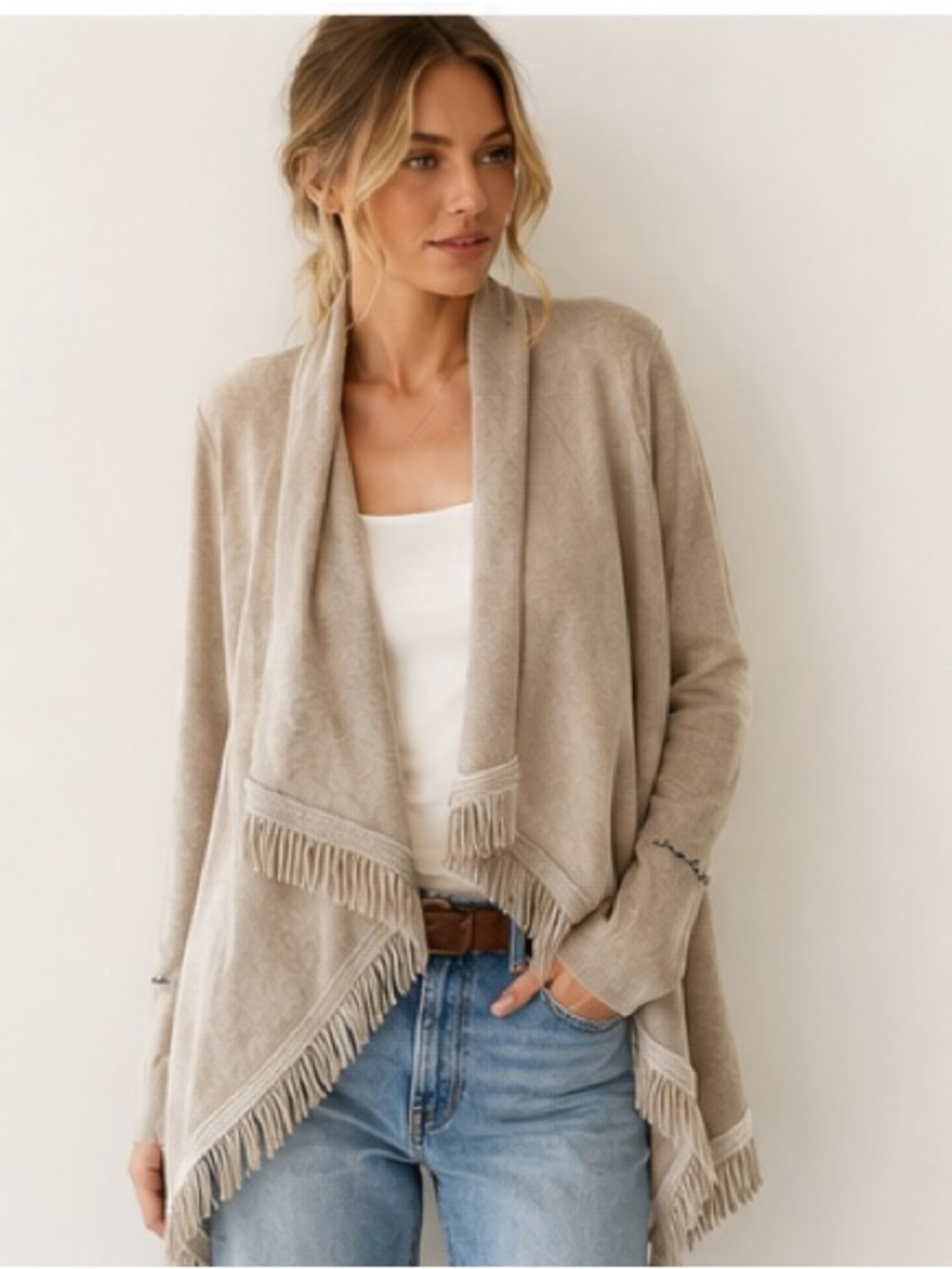 Club Monaco 100% Cashmere Cardigan Fringe Oversized Neutral Oatmeal S